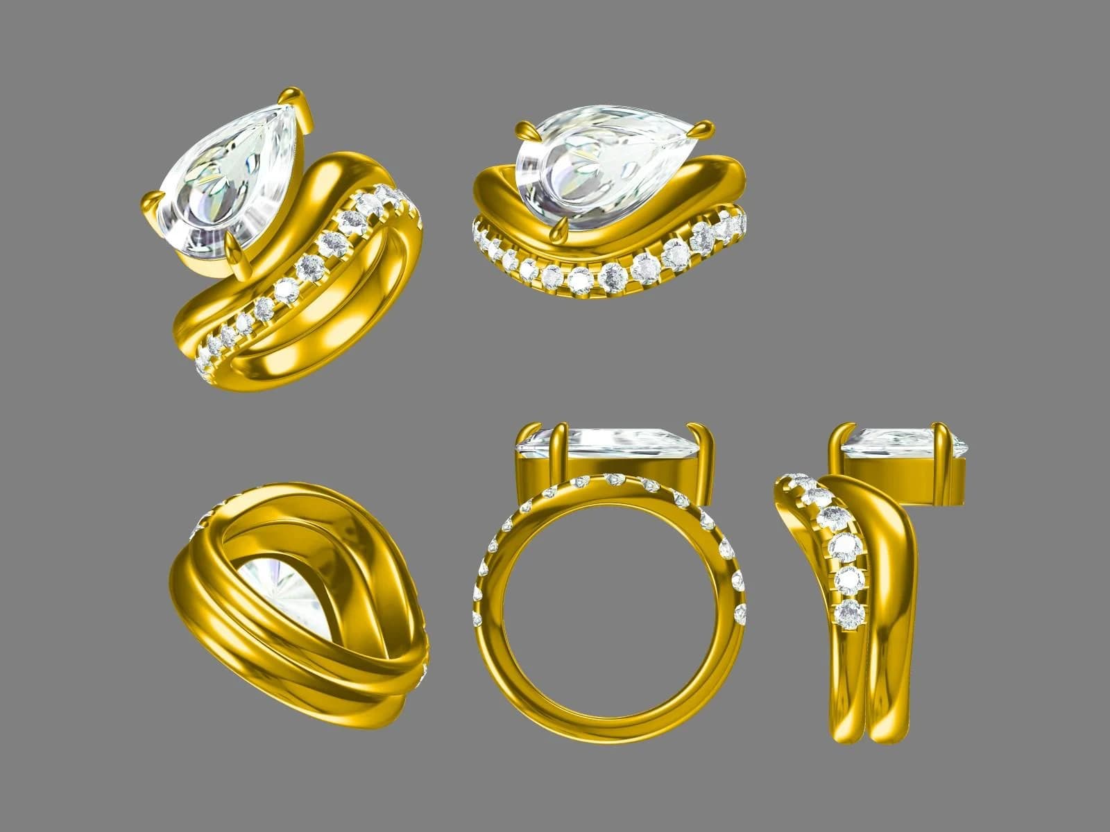 3D CAD renders of a pear cut engagement ring and its curved pave wedding band, shown from six angles