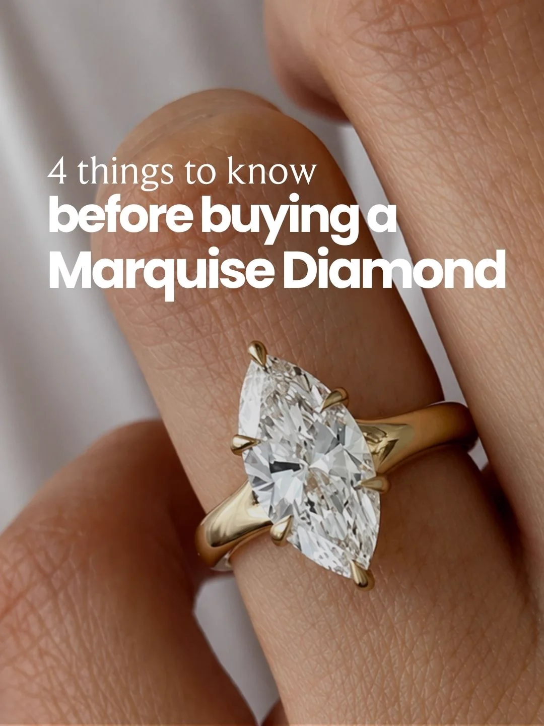 Marquise diamond solitaire engagement ring in yellow gold, captioned 4 things to know before buying a marquise diamond, by Lily Dia Jewellery