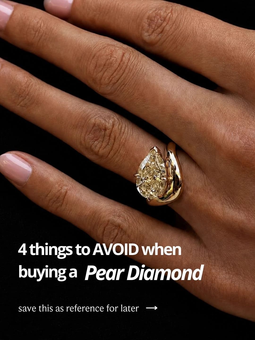Pear shaped diamond engagement ring in yellow gold, captioned 4 things to avoid when buying a pear diamond, by Lily Dia Jewellery