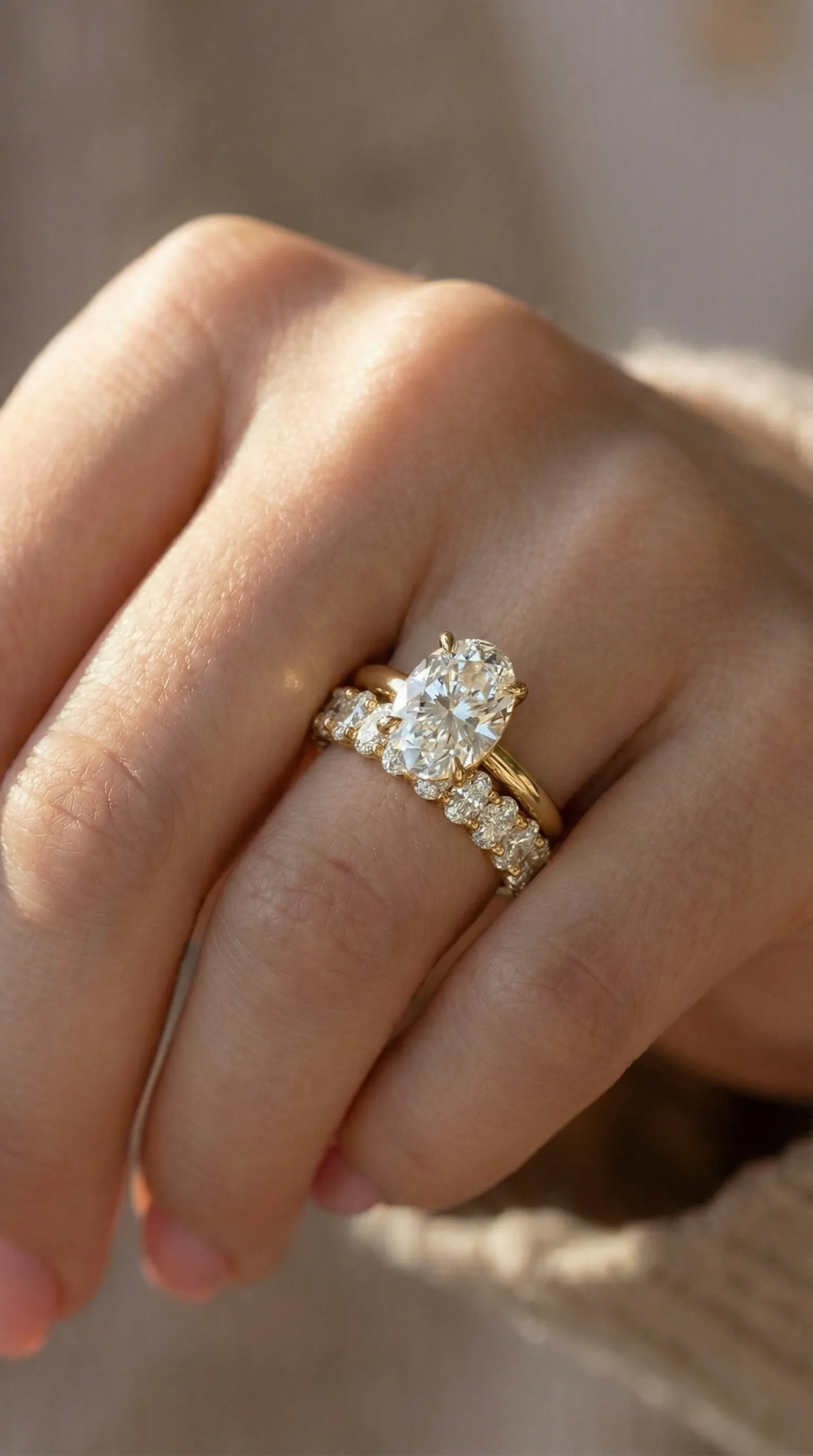 Oval diamond solitaire engagement ring and diamond eternity wedding band in yellow gold