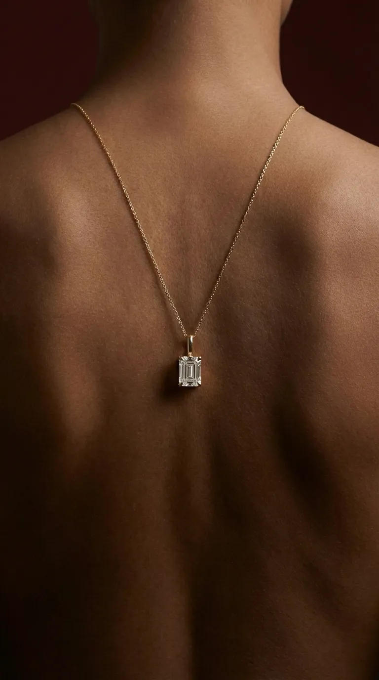 Model wearing a Lily Dia Jewellery oval cut diamond solitaire pendant on a yellow gold chain with matching oval diamond stud earrings.